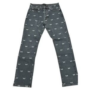 Black Scale Skull Butterfly Denim Jeans Black Wash Men's Size 30‎ Button Pockets